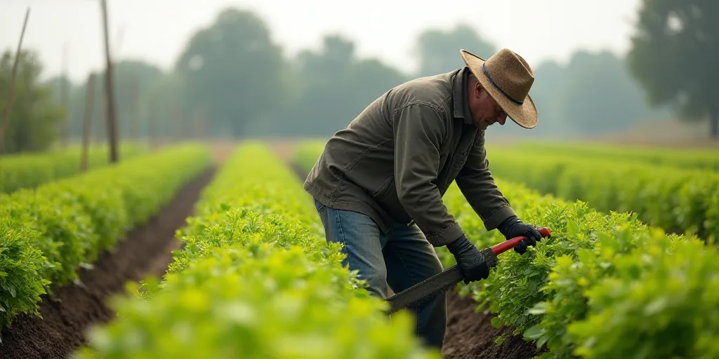 a man in a hat and gloves is picking plants in a field with a saw and a tool in his hand, Don Arday,