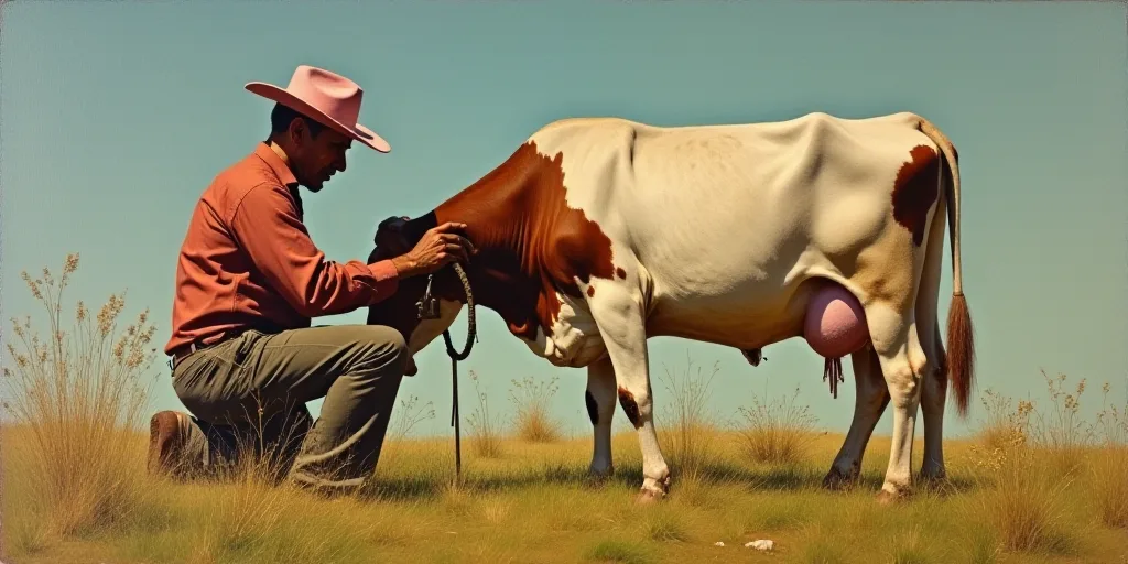 a man in a hat is milking a cow with another man in a red shirt and a pink hat, Félix Arauz, pbr, a