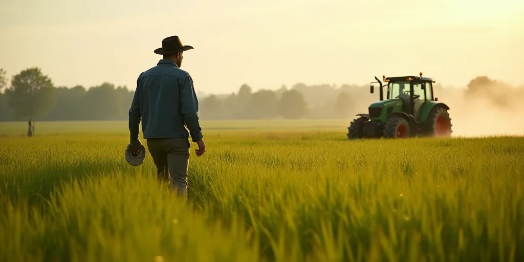 a man in a hat is walking through a field of grass with a tractor behind him and a tractor behind hi