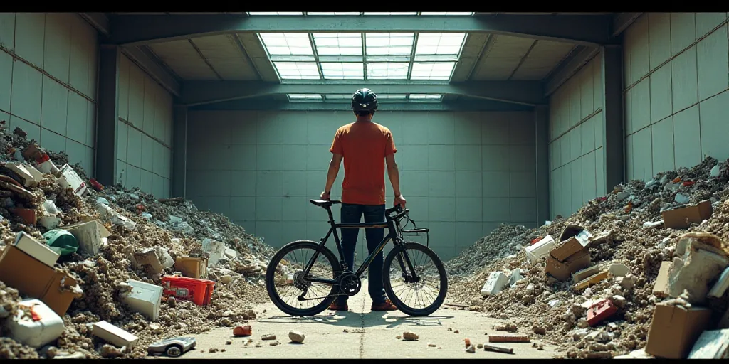 a man in a helmet is standing in a pile of junk in a building with a bicycle in front of him, Eiichi
