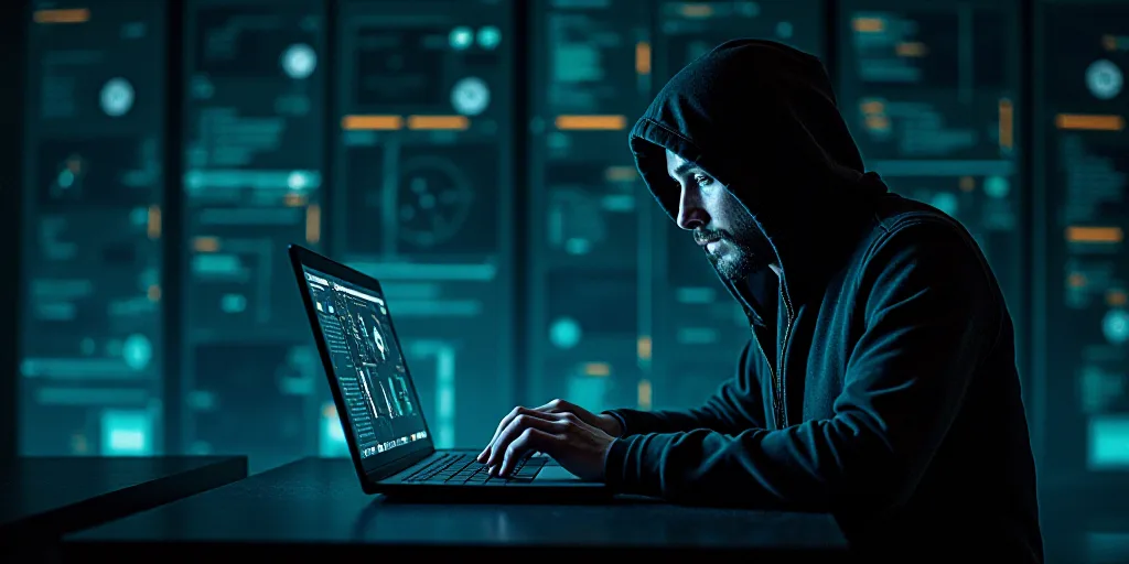a man in a hooded jacket using a laptop computer surrounded by futuristic technology and symbols on