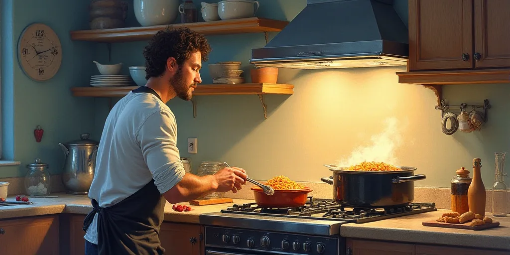 a man in a kitchen preparing food in a pot on a stove top oven with a bird flying by, Ceferí Olivé
