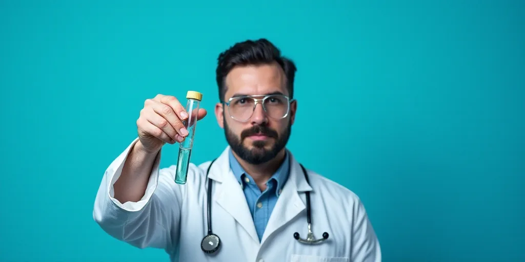 a man in a lab coat holding a test tube and a tube of liquid in front of a blue background, Dahlov I