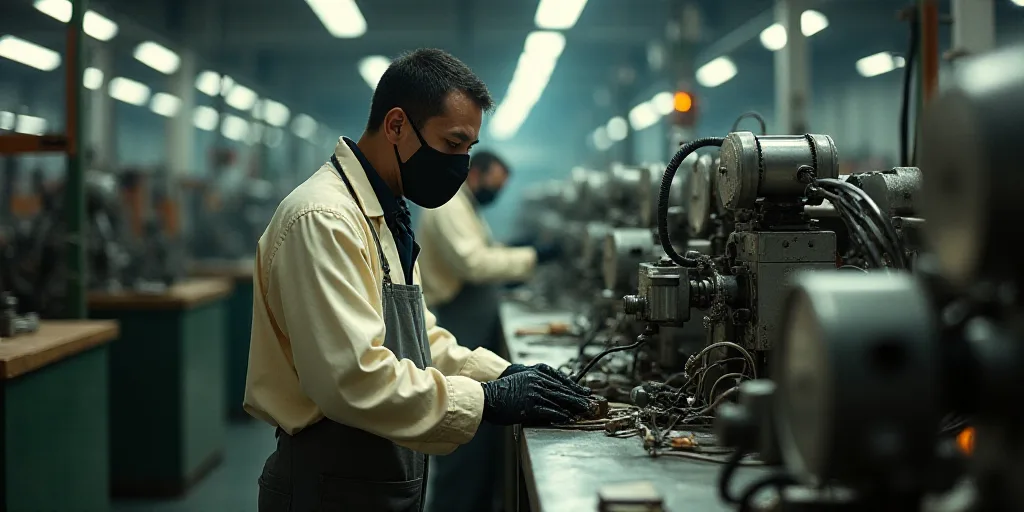 a man in a mask working on a machine in a factory with other workers in the background wearing masks