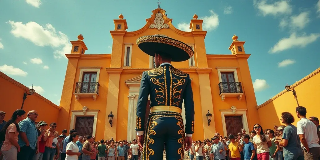 a man in a mexican outfit and sombrero standing in front of a building with a crowd of people, David