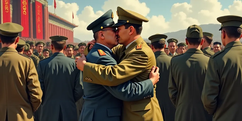 a man in a military uniform hugging another man in a crowd of people in front of a building with a c