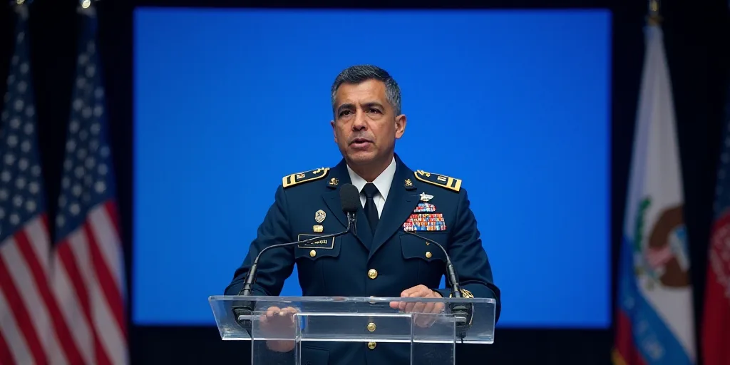 a man in a military uniform speaking into a microphone at a podium with flags in the background and