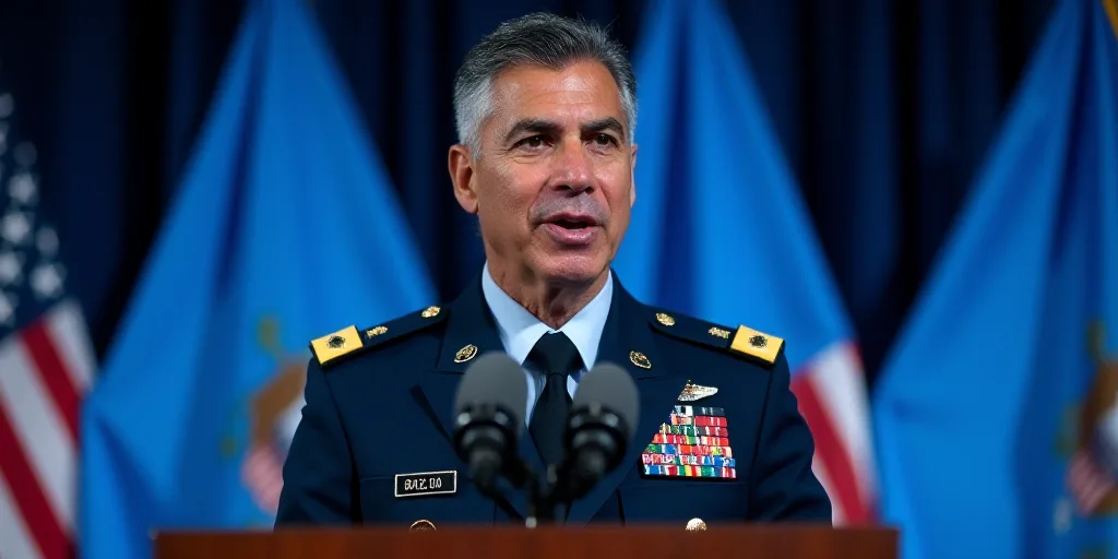 a man in a military uniform speaking into a microphone at a podium with flags in the background and