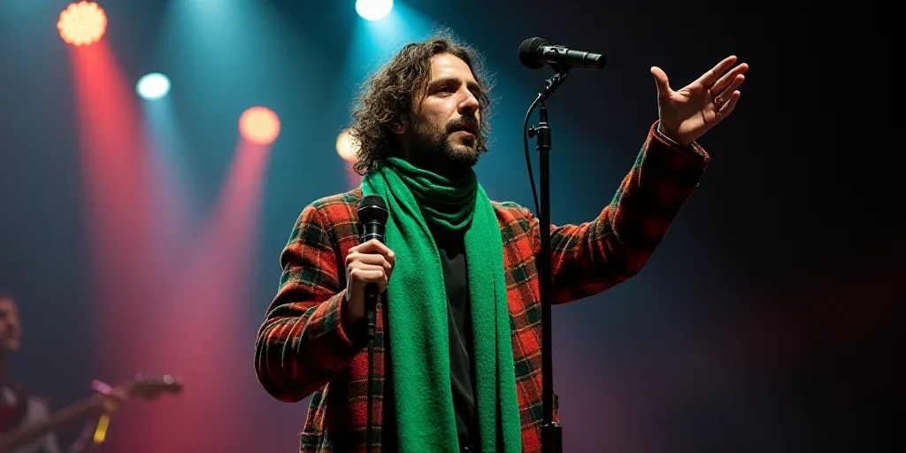 a man in a plaid jacket and a green scarf on stage with a microphone in his hand and a microphone in