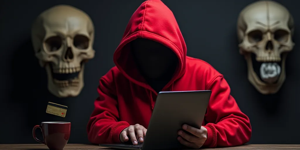 a man in a red hoodie holding a laptop and a credit card in his hands and a skull on the background,