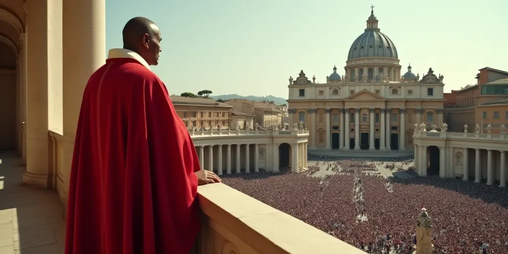 a man in a red robe is standing on a balcony with a crowd of people in the background and a building