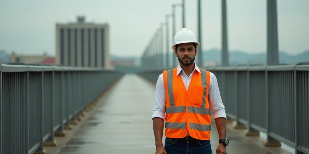 a man in a safety vest standing on a bridge with a fence in the background and a building in the bac