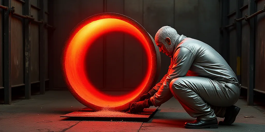 a man in a silver suit working on a piece of metal in a factory with a red light coming from the cen