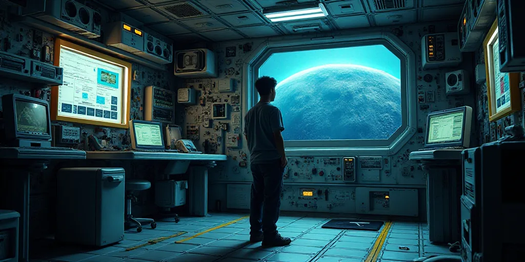 a man in a space station with lots of electronics on the wall and a laptop on the floor and a monito