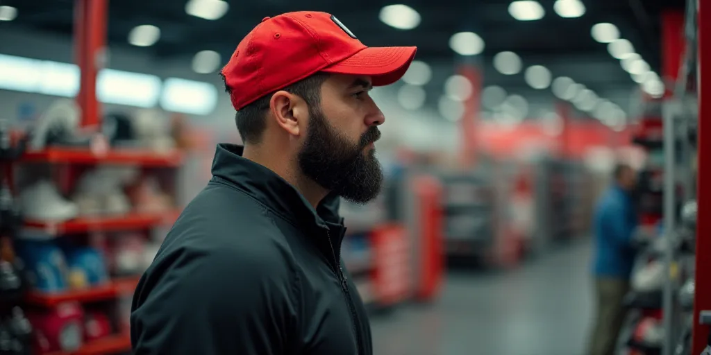 a man in a sports jacket is standing in a sports shop with a red hat and a red cap, Andries Stock, w