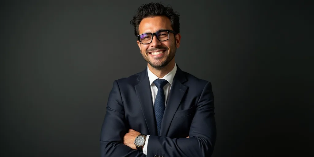 a man in a suit and glasses is smiling for the camera with his arms crossed and his arms crossed, Ca