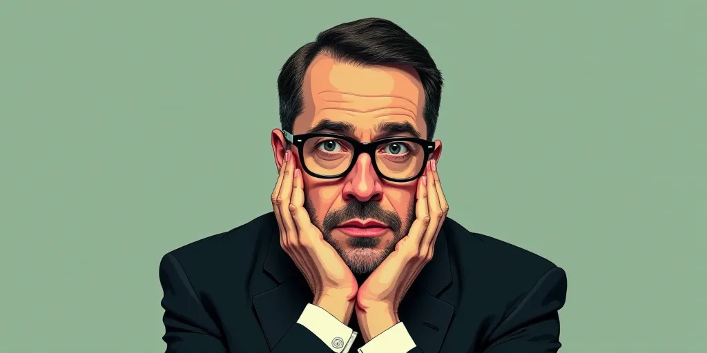 a man in a suit and glasses is posing for a picture with his hands on his chins and his chin resting