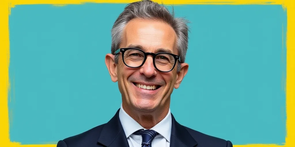 a man in a suit and glasses is smiling for the camera with a blue background and a yellow border, Ed
