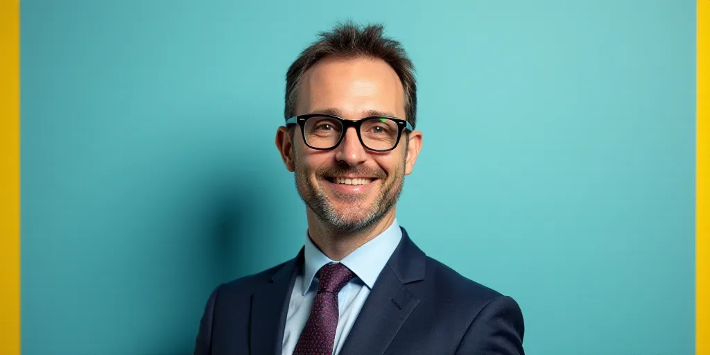 a man in a suit and glasses is smiling for the camera with a blue background and a yellow border, Ed