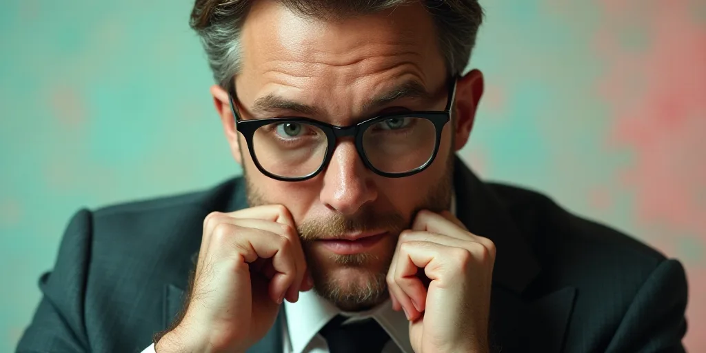 a man in a suit and glasses is posing for a picture with his hands on his chins and his chin resting
