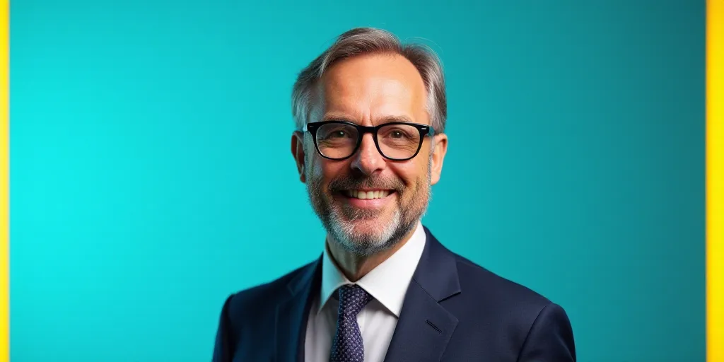 a man in a suit and glasses is smiling for the camera with a blue background and a yellow border, Ed