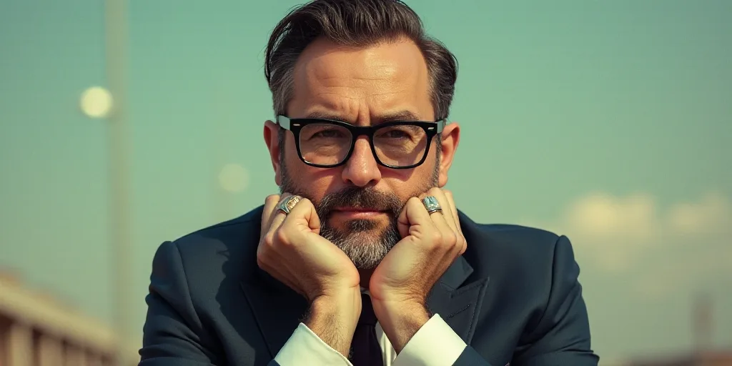 a man in a suit and glasses is posing for a picture with his hands on his chins and his chin resting
