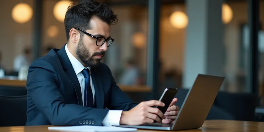 a man in a suit and glasses is using a cell phone and a laptop computer while sitting at a table, Ca