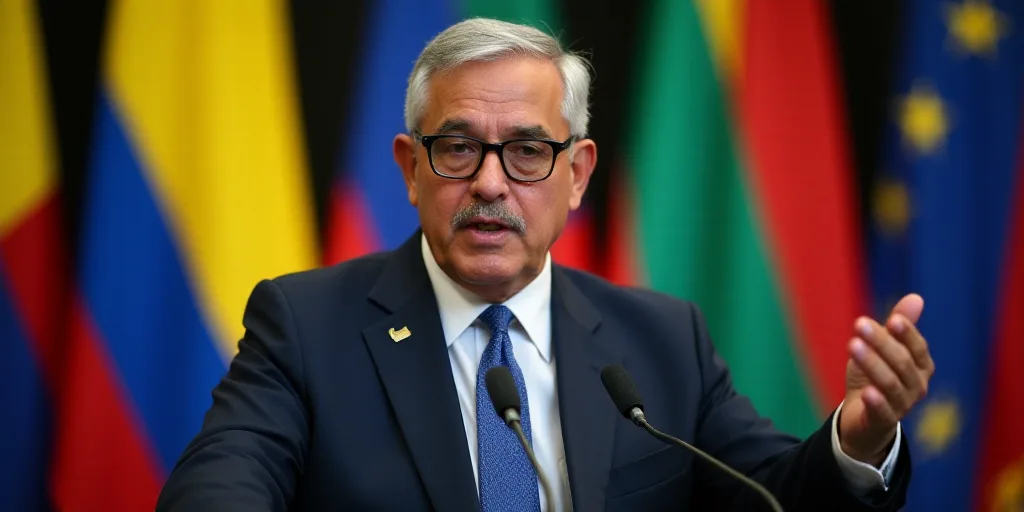 a man in a suit and glasses speaking into a microphone in front of flags of different colors and siz