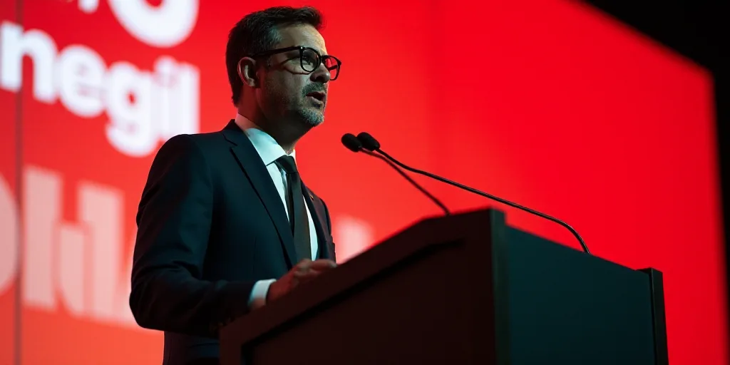 a man in a suit and glasses speaking into a microphone at a podium with a red and white background,