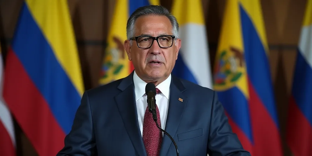 a man in a suit and glasses speaking into a microphone in front of flags of different colors and siz