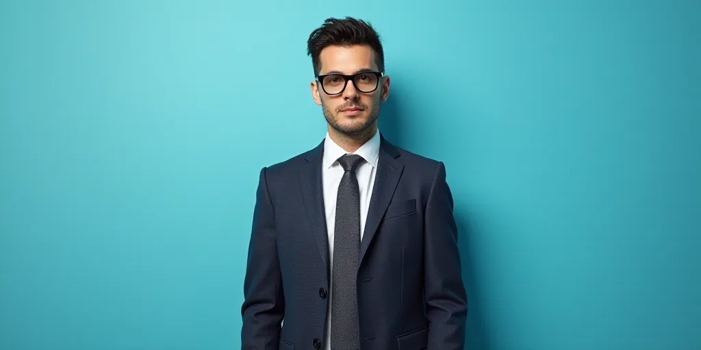 a man in a suit and glasses standing in front of a blue background with a black and white photo, Est