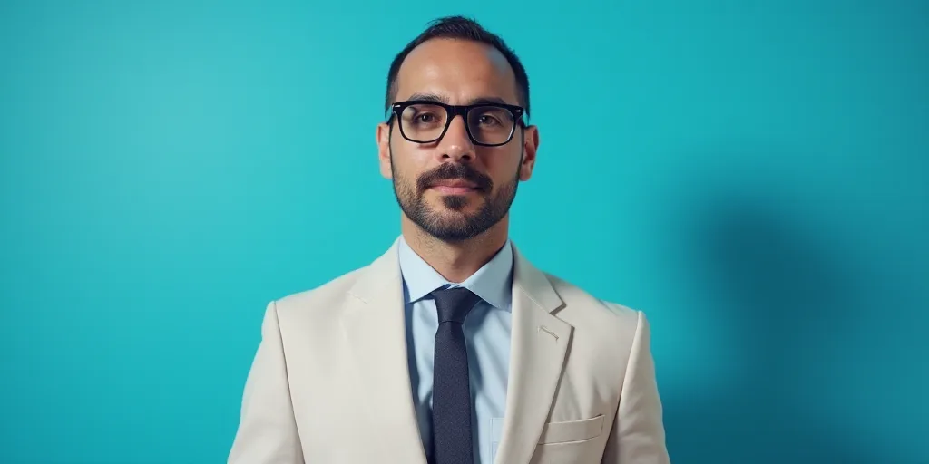 a man in a suit and glasses standing in front of a blue background with a black and white photo, Est