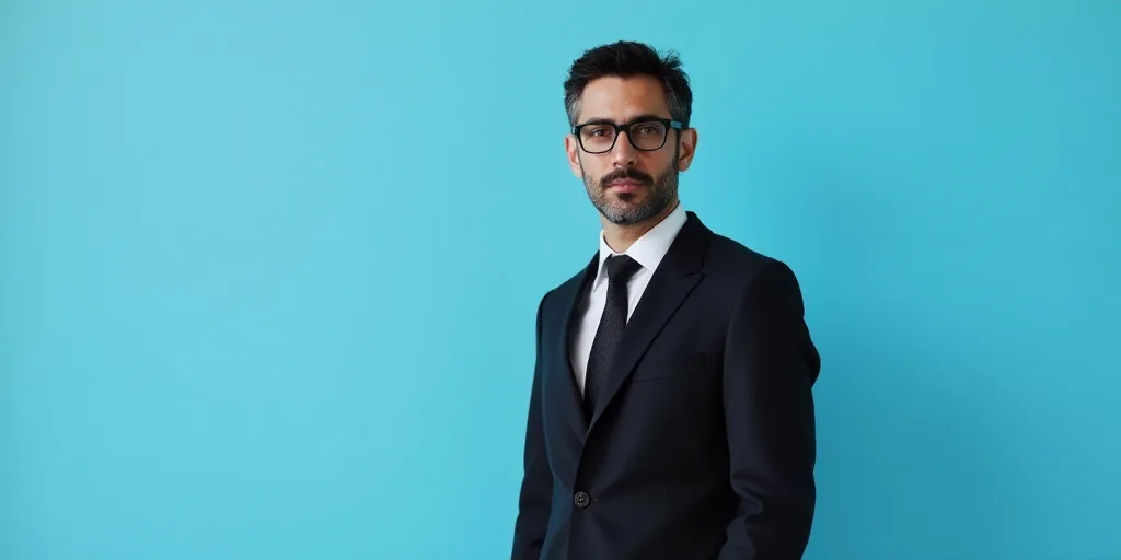 a man in a suit and glasses standing in front of a blue background with a black and white photo, Est