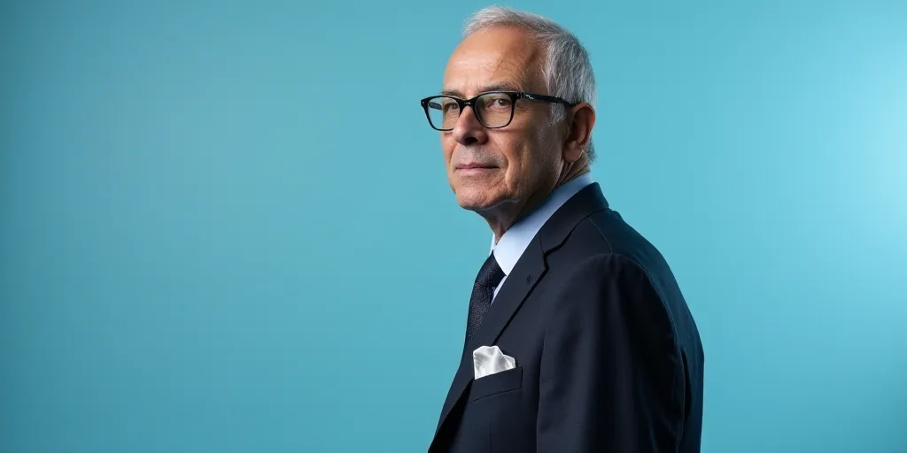 a man in a suit and glasses standing in front of a blue background with a black and white photo, Est