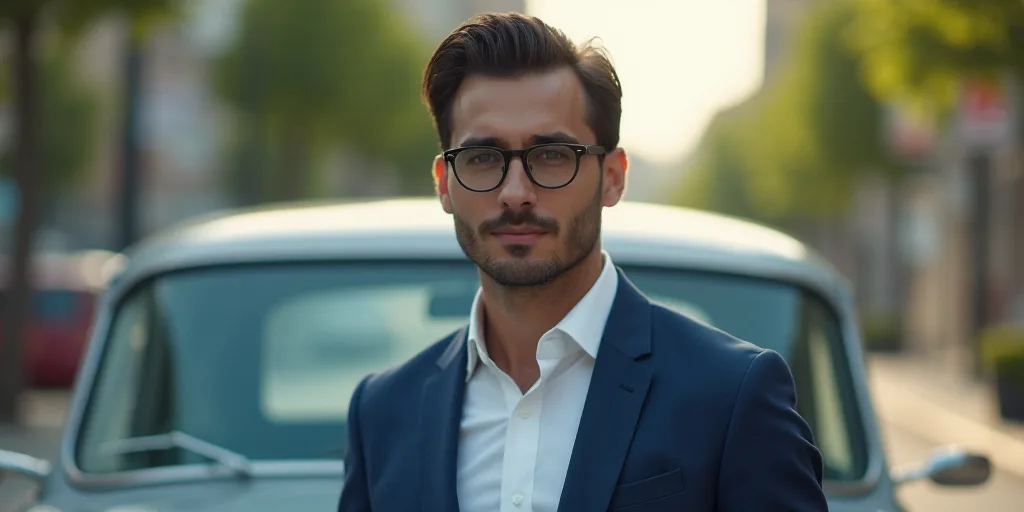 a man in a suit and glasses walking in front of a car with a white shirt on and a blue blazer, Antô