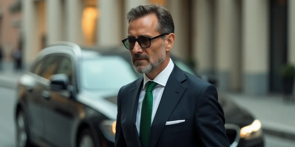 a man in a suit and glasses walking in front of a car with a white shirt on and a green tie, Eduardo