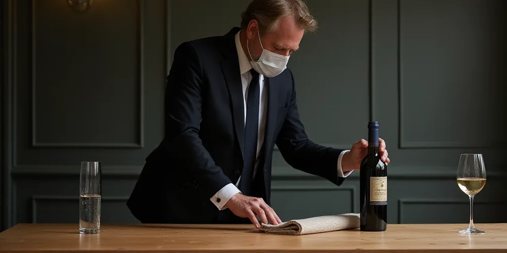 a man in a suit and mask cleaning a table with a bottle of water and a bottle of wine, Eric de Kolb,