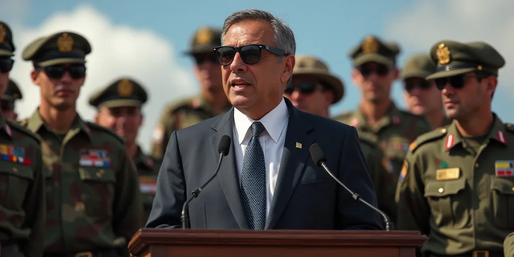 a man in a suit and sunglasses speaking at a podium with military men in the background behind him a
