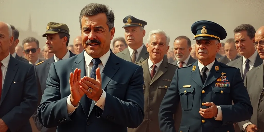a man in a suit and tie clapping while others watch from behind him and a man in uniform stands in t