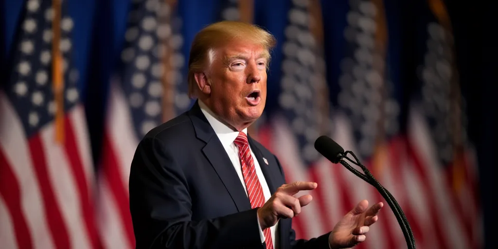 a man in a suit and tie giving a speech in front of american flags and a microphone with a microphon
