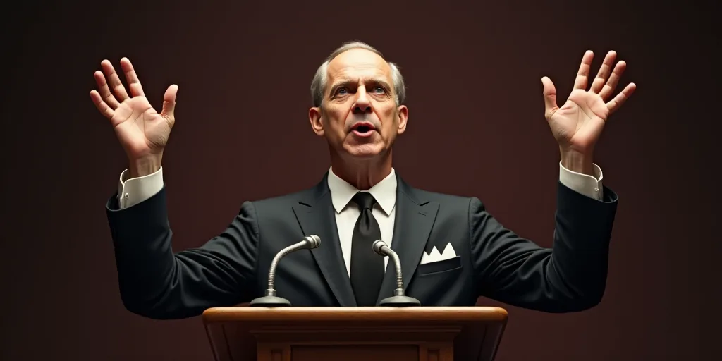 a man in a suit and tie giving a speech at a podium with his hands up in the air, Cassius Marcellus