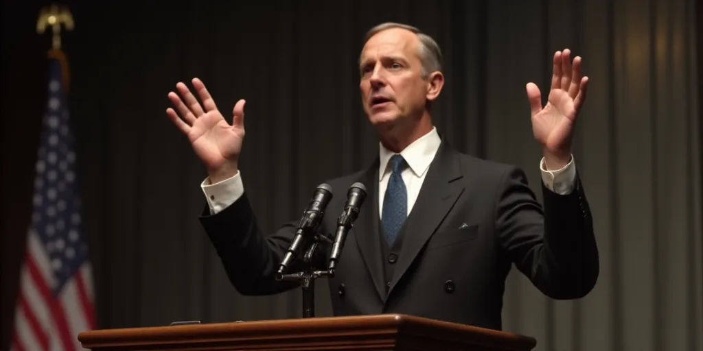 a man in a suit and tie giving a speech at a podium with his hands up in the air, Cassius Marcellus