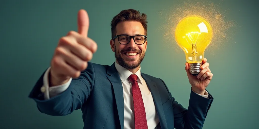 a man in a suit and tie giving a thumbs up sign with his hand and a light bulb in the background, Cl