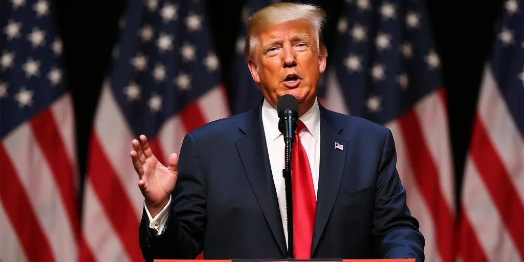 a man in a suit and tie giving a speech in front of american flags and a microphone with a microphon