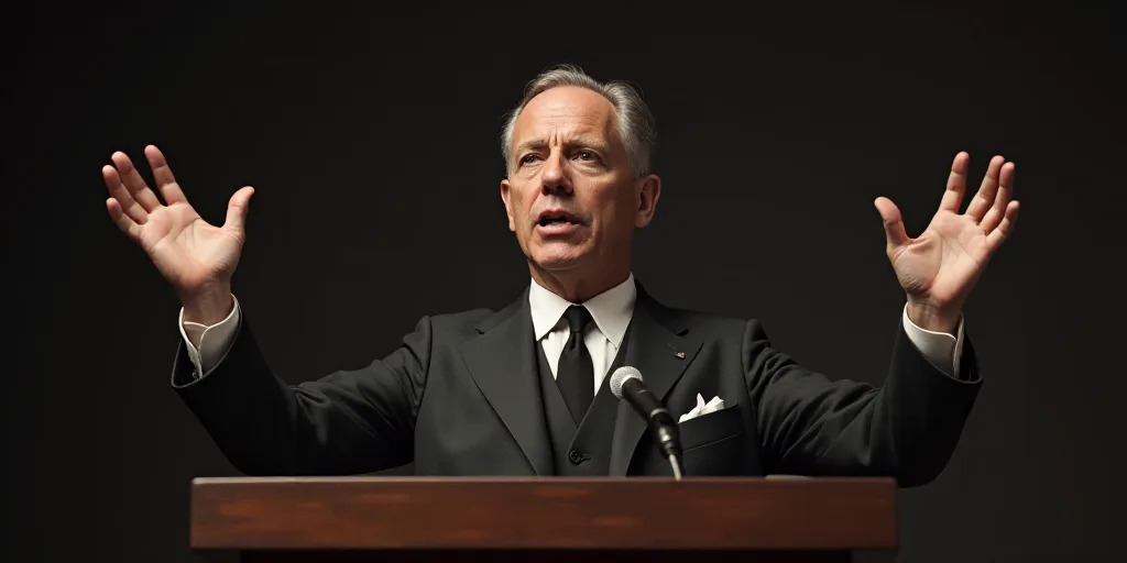 a man in a suit and tie giving a speech at a podium with his hands up in the air, Cassius Marcellus