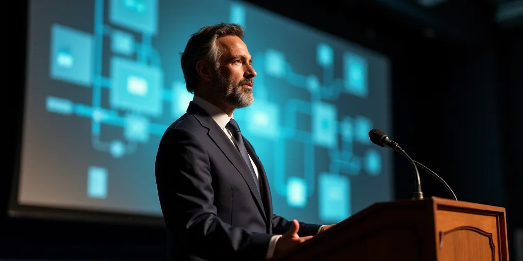 a man in a suit and tie giving a speech at a podium with a projector screen behind him, david rubín