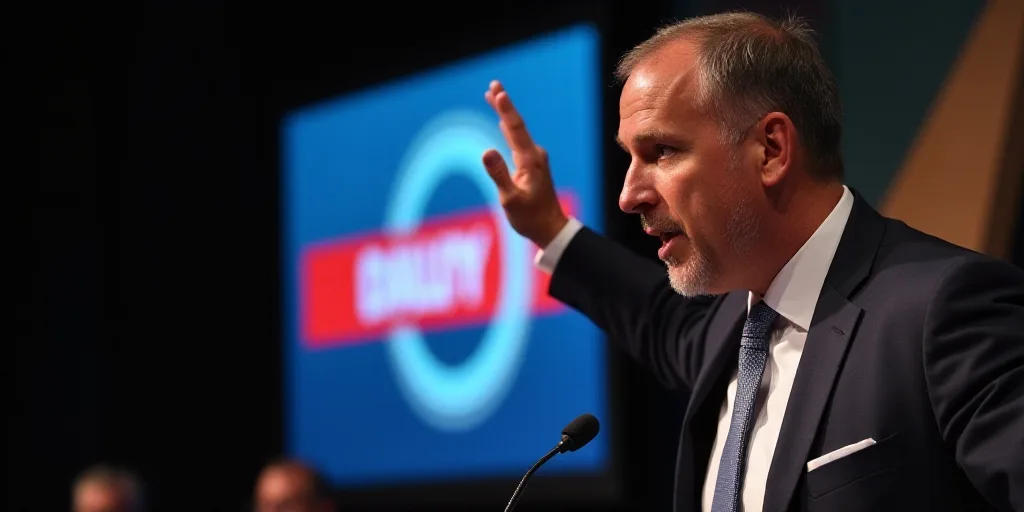 a man in a suit and tie giving a speech with his hand up in the air and a sign behind him, Don Arday