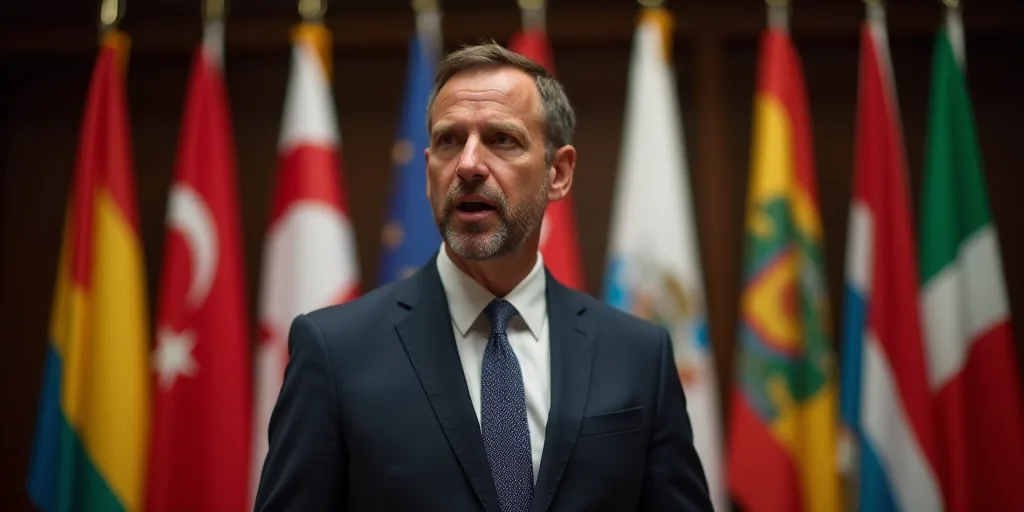 a man in a suit and tie giving a speech in front of flags of different colors and sizes in a room, D