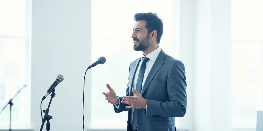 a man in a suit and tie giving a speech with a microphone in front of him and a white background, Ca