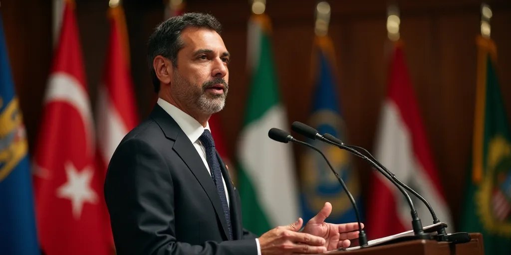 a man in a suit and tie giving a speech in front of flags and microphones in a room, david rubín, i